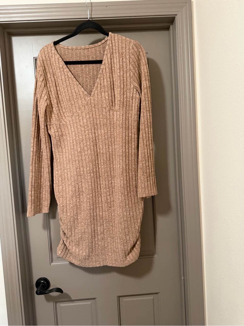 Women’s Ribbed V-Neck Sweater Dress in Camel